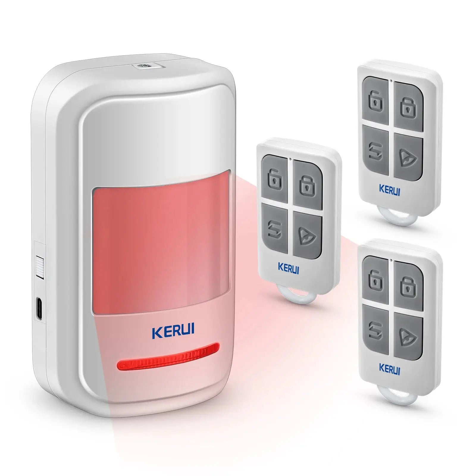 KERUI PIR motion sensor alarm with 4 remotes; white device with pink sensor window and gray button remotes