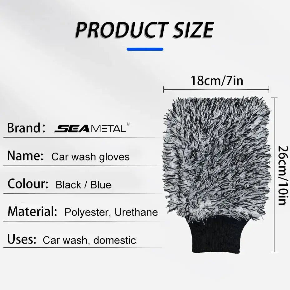 Sea Metal car wash glove mitt with plush microfiber, black/blue, polyester/urethane, for rims and wheels