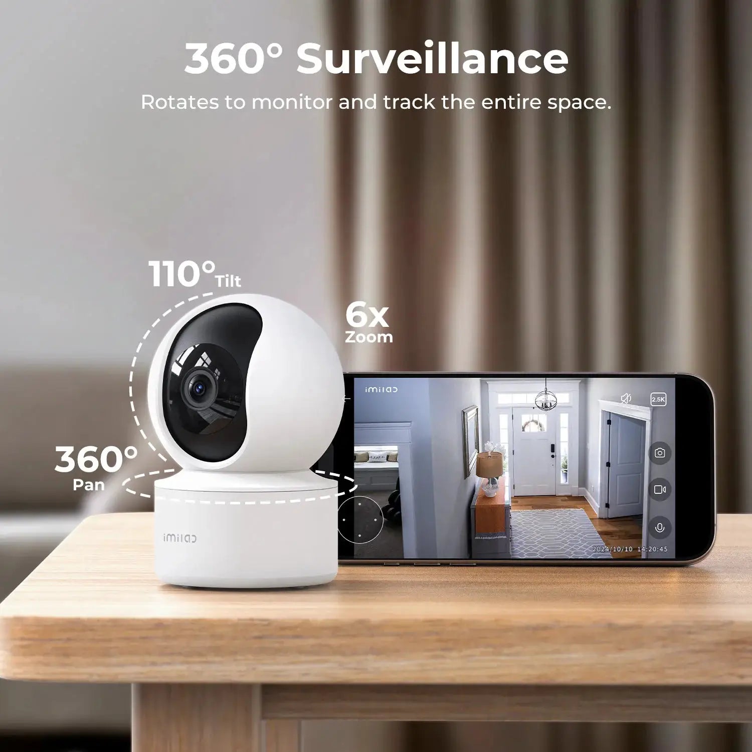 IMILAB C21 WiFi camera baby monitor, white spherical unit with 360° pan/tilt and 6x zoom, shown with phone live feed.