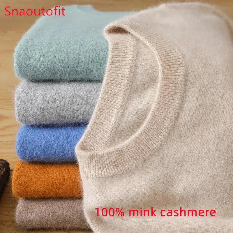 Men's mink cashmere O-neck sweater by Simples Market, beige knit with a stack of five colors in back