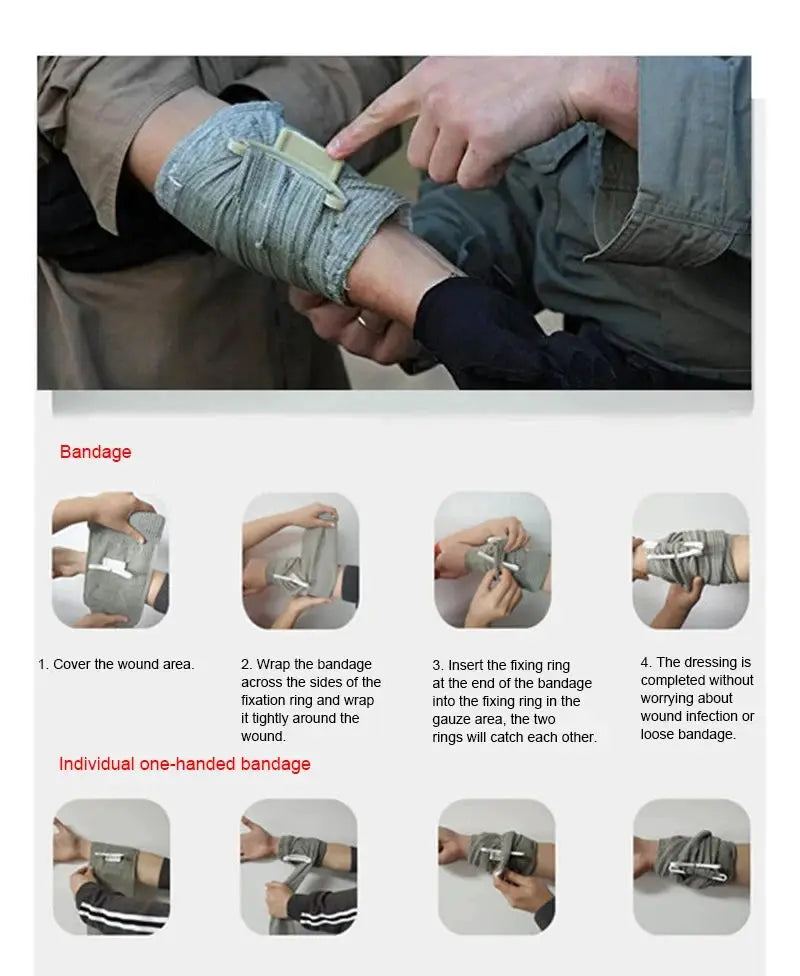 Israeli Bandage from Simples Market IFAK trauma kit; forearm wrapped in gray bandage with beige securing strap.