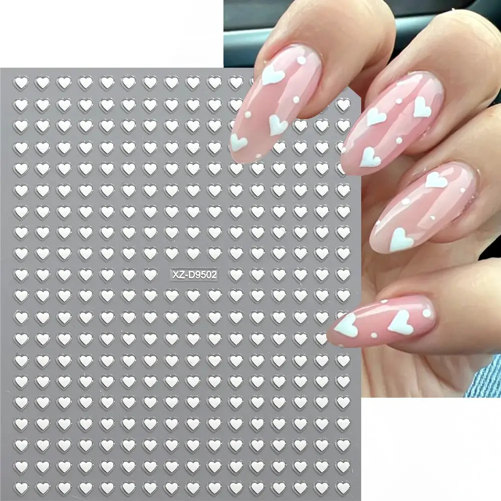 Simples Market 8pc 3D white heart nail stickers for pink manicure; self-adhesive decals