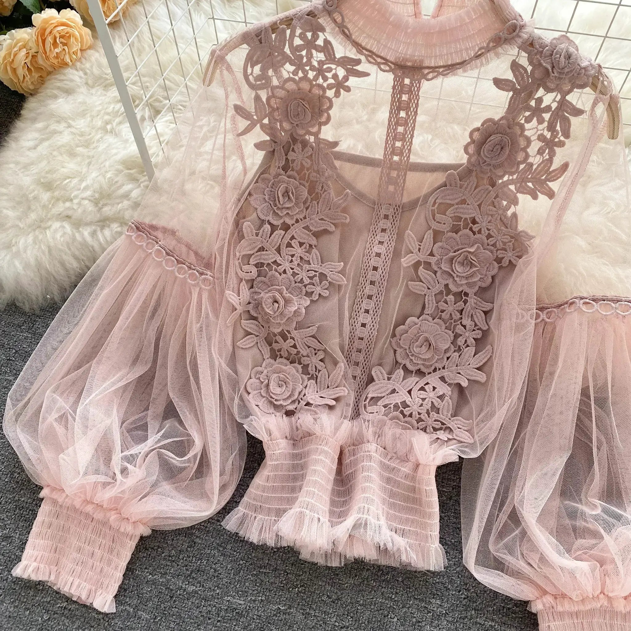 Lace Puff Long Sleeve Blouse in soft pink lace with floral appliqués by Simples Market