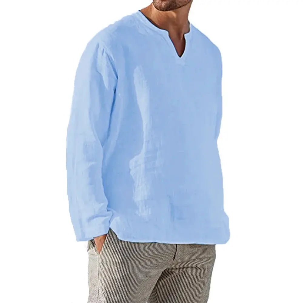 Men's Cotton Linen Shirt Cozy Solid Color Long Sleeve Breathable Tops V Neck Casual Blouse Hawaiian Shirt Lightweight Shirts
