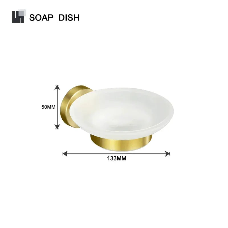 Brushed gold wall-mounted soap dish with frosted white bowl, 133mm wide and 50mm tall