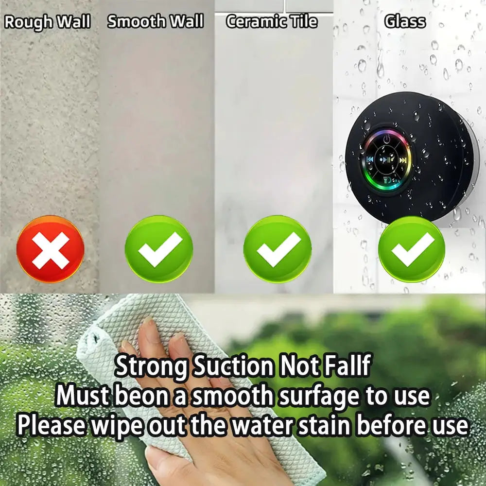 PulseNova Portable Bluetooth Speaker With LED Light IPX4 Waterproof Outdoor Suction Cup 3W Stereo Sound