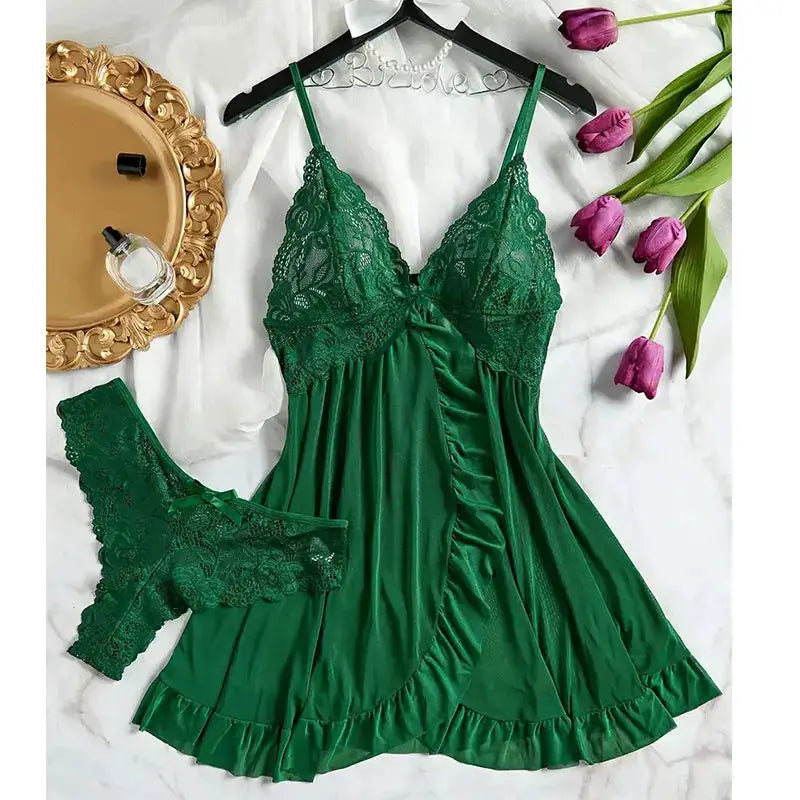 DreamLace 2 Piece Lace Nightgown Set With V Neck Bra And Panty Transparent Split Design For Summer Comfort