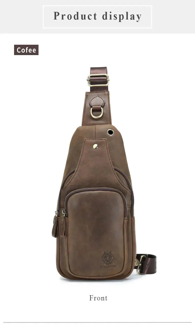 SCHLATUM brown genuine leather chest bag with front pocket and adjustable crossbody strap, Simples Market