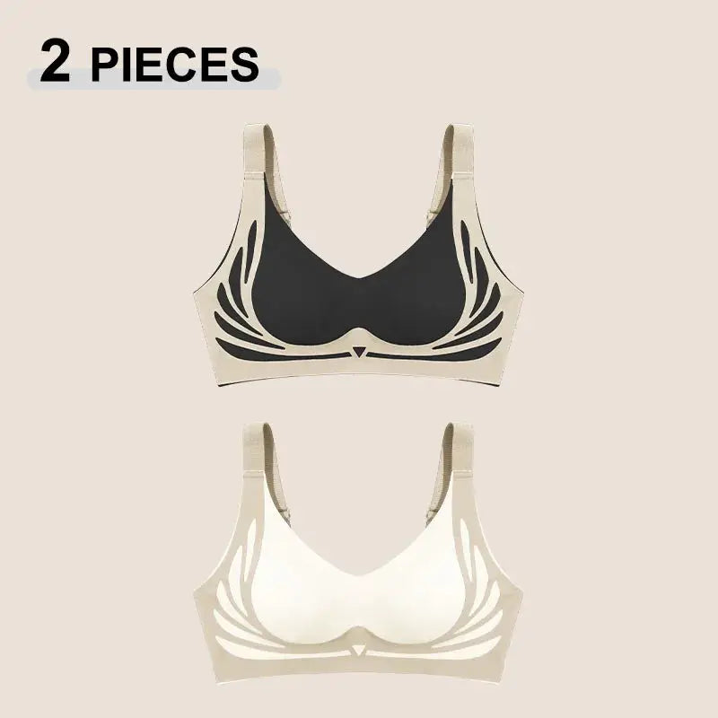 Simples Market 2-piece women's push-up bra set, seamless, no-wire, black and nude beige with angel-wings pattern