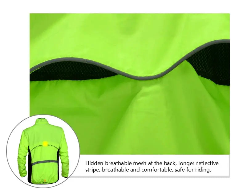 WOSAWE men's windproof cycling jacket in neon green with reflective back stripe and breathable mesh panel.