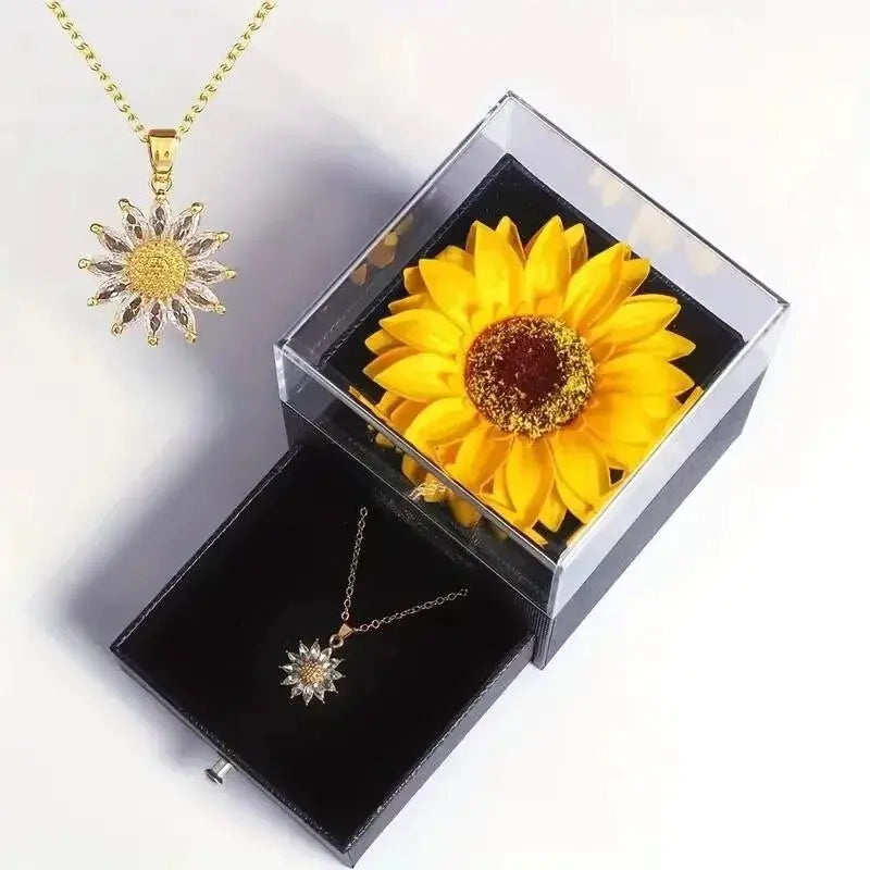 Sunflower necklace gift box set by Simples Market; gold-tone chain with crystal sunflower pendant