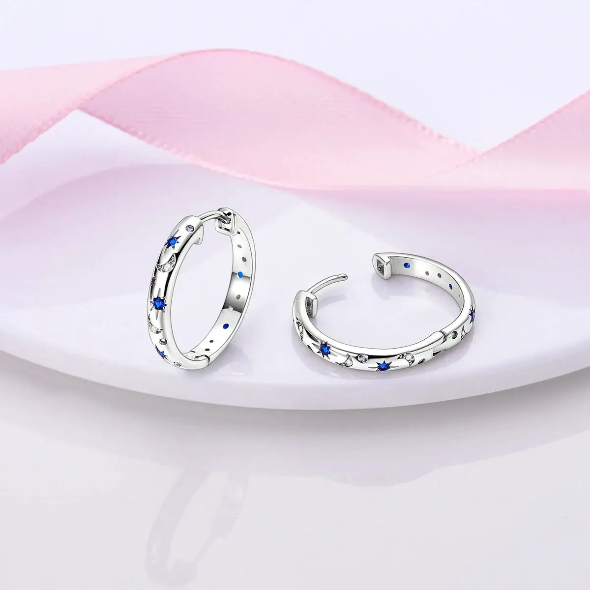 925 Silver Hoop Earrings For Women Zircon Heart Shape Star Eardrops Original Fashion Jewelry