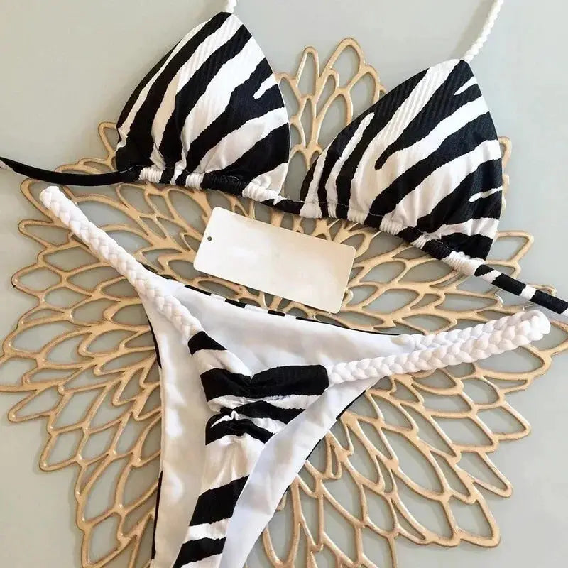 Women's zebra-print bikini set with triangle top and braided side thong bottoms