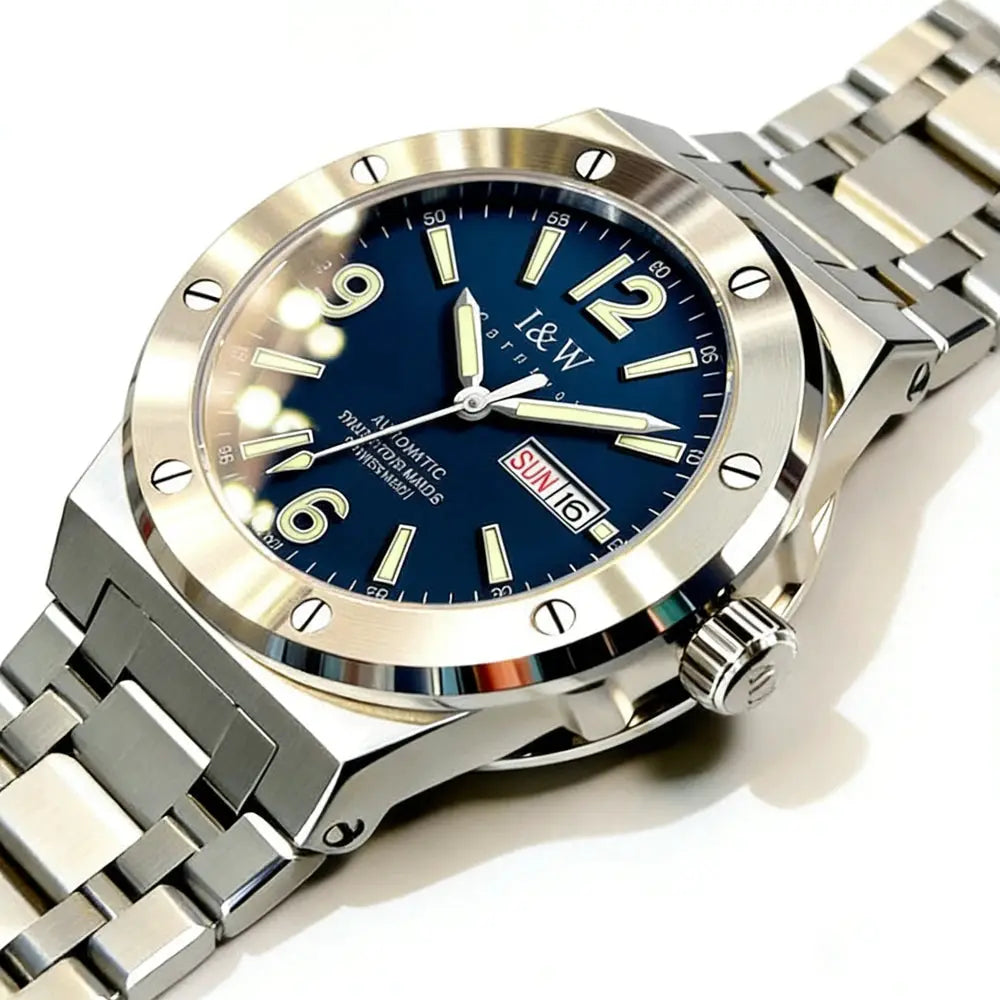 IW luxury sapphire automatic men's watch with blue dial, stainless steel bracelet and gold-tone bezel