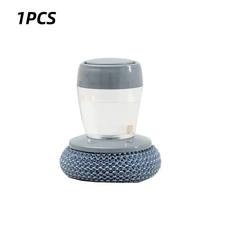 1pc Simples Market gray soap-dispensing dishwashing brush with plastic container on a textured round base