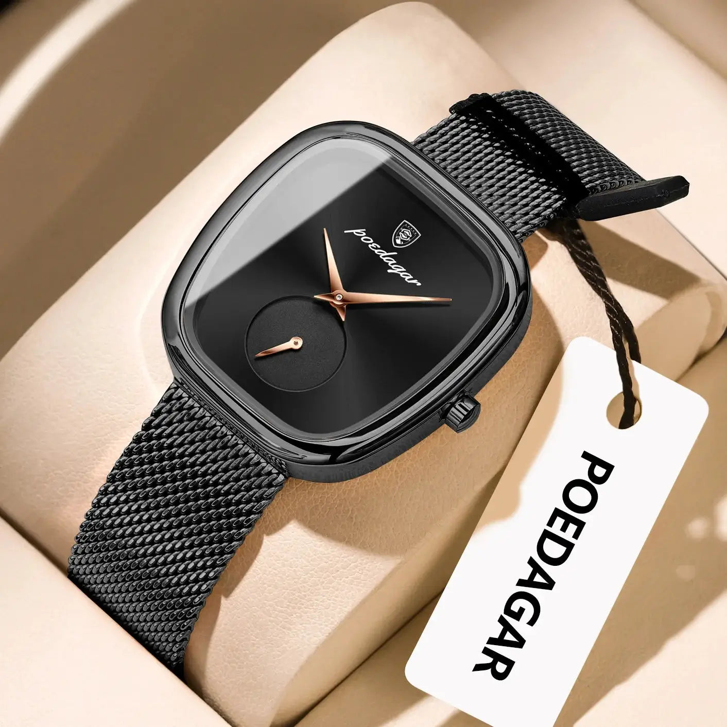 POEDAGAR luxury black stainless steel mesh women’s watch with square case and rose-gold hands