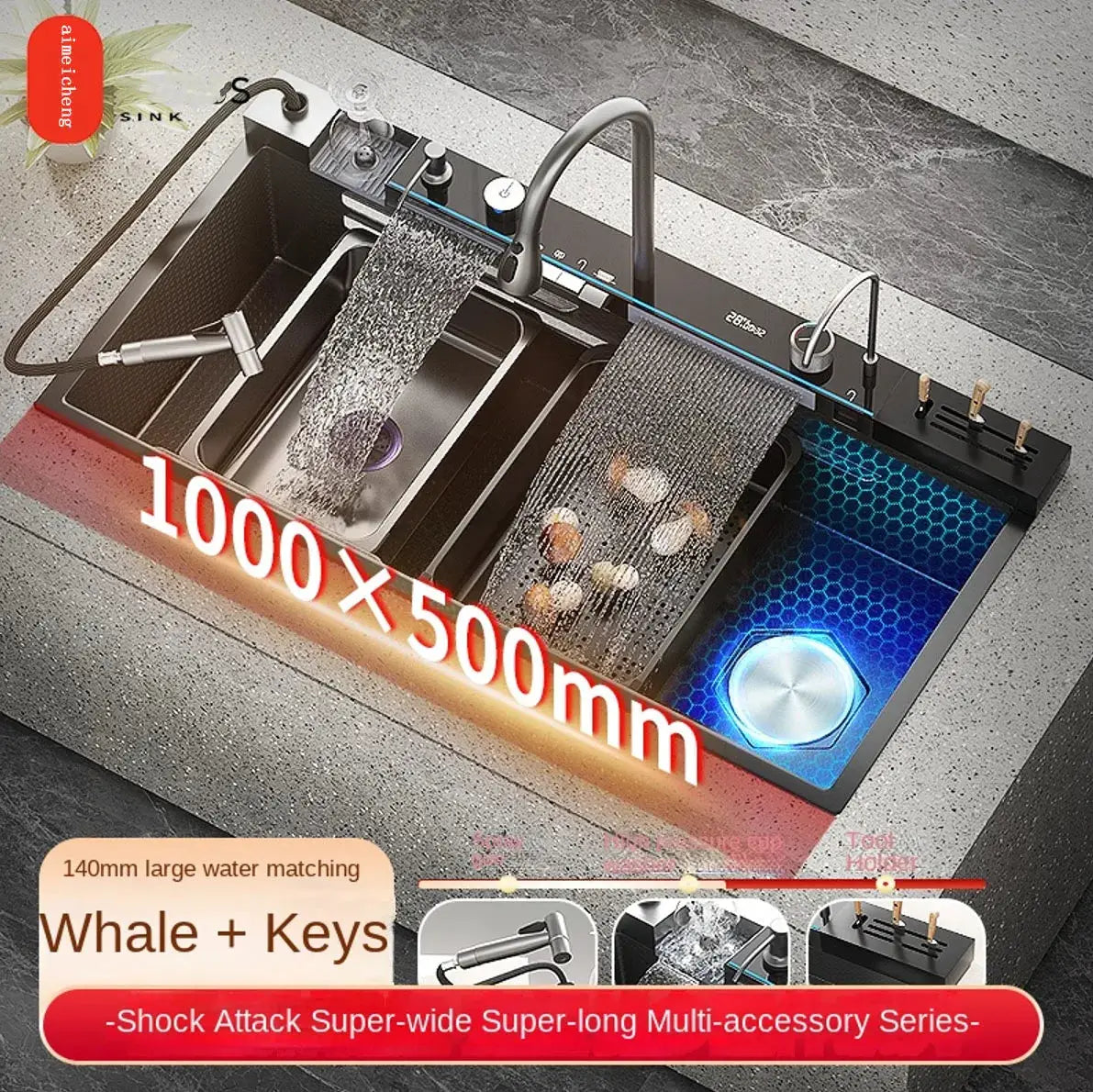 Simples Market 304 stainless steel waterfall kitchen sink with digital display, 1000x500mm large single-slot basin