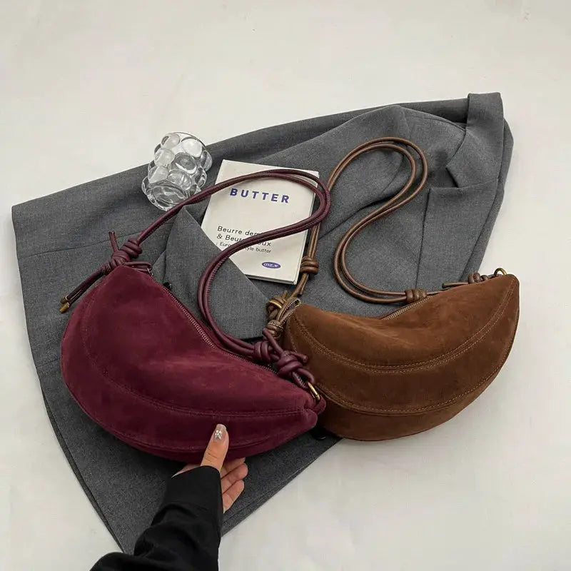 Faux suede shoulder bag duo in burgundy and brown with knotted straps