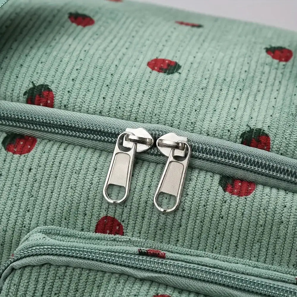 Strawberry-patterned green corduroy travel bag with silver zippers; lightweight, large-capacity crossbody.