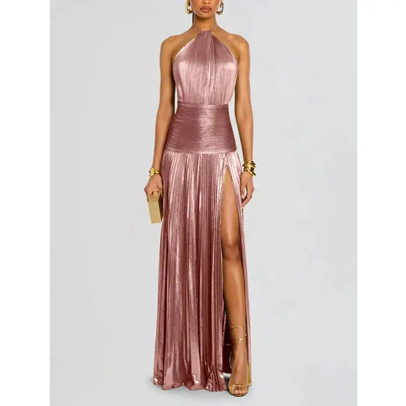LuxeAura Luxurious Women Corset Dress Off Shoulder Halter Empire Waist With Slit Party Cocktail Evening Gown