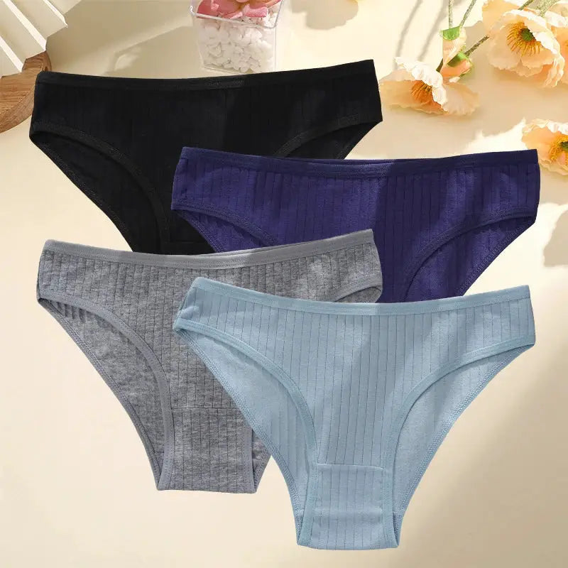 Simples Market 4-pack women's cotton striped briefs in black, purple, gray, and light blue