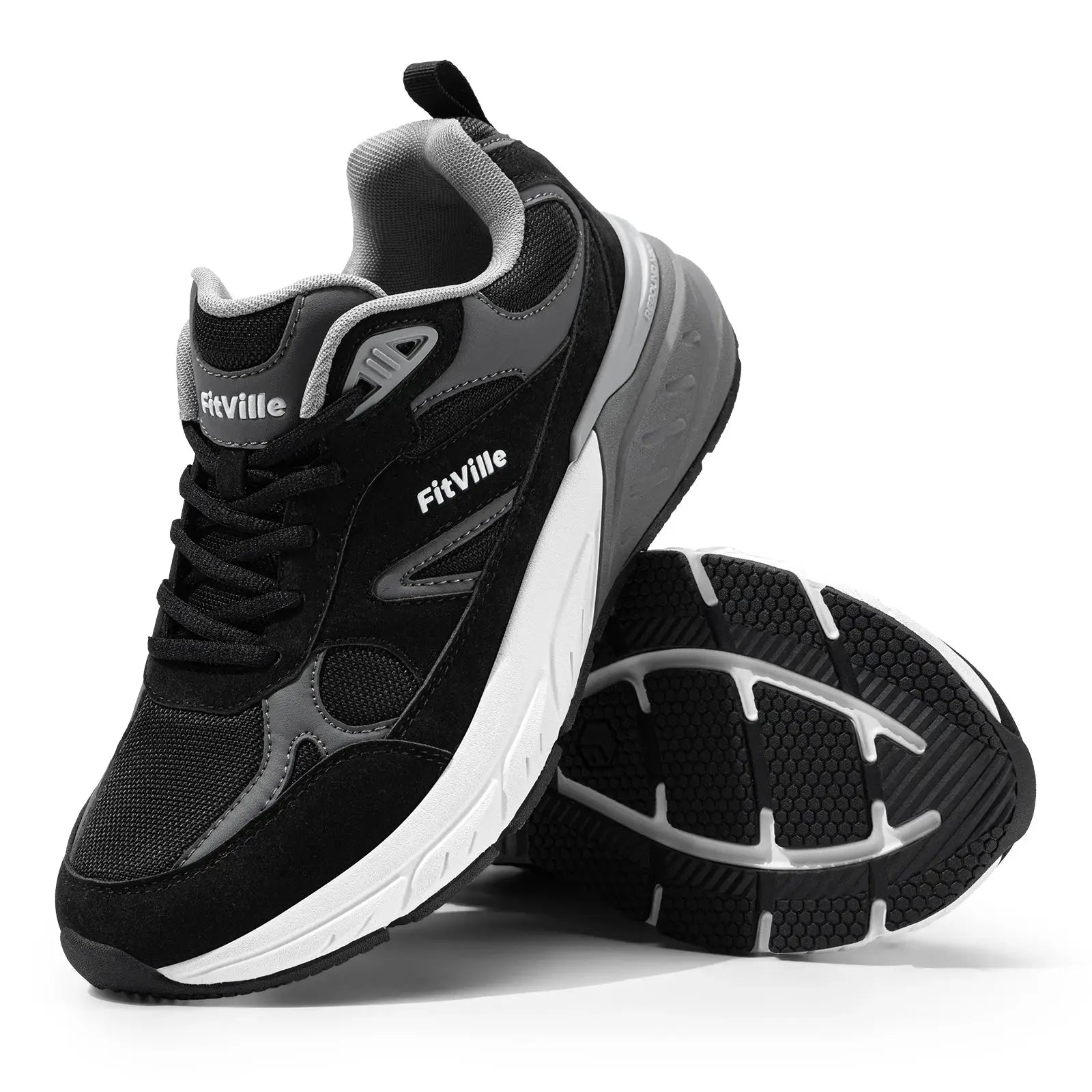 FitVille men's walking sneakers, black and gray with rugged outsole; logo visible (2 shoes shown)