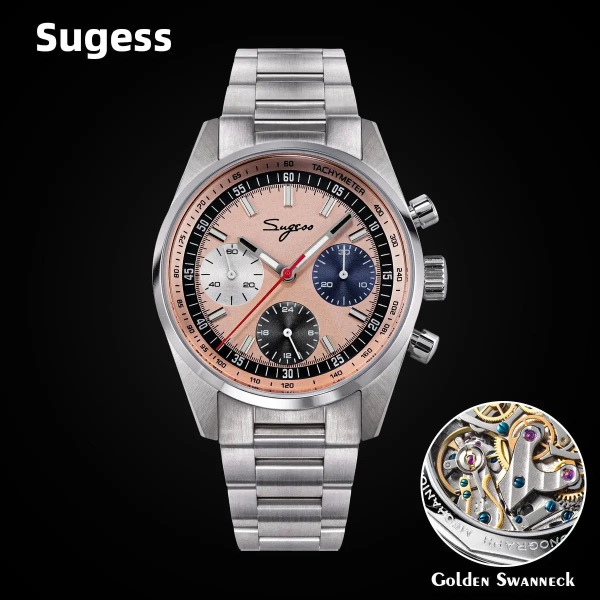 Sugess men's 38mm chronograph watch with rose dial, stainless steel bracelet, sapphire crystal