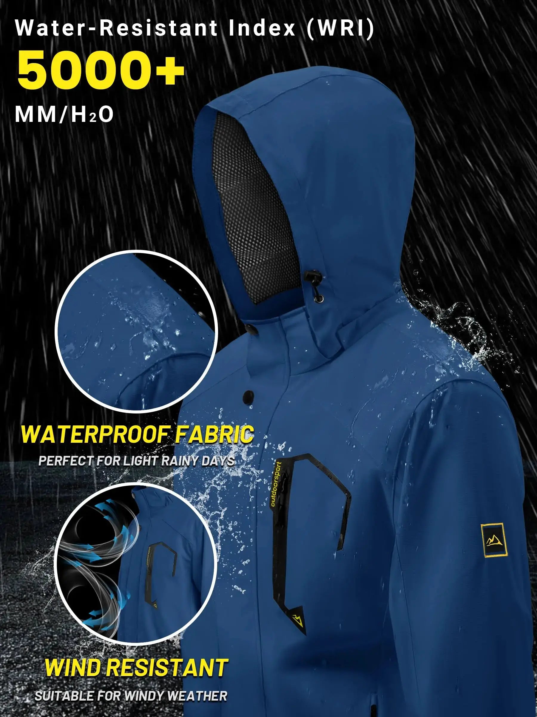 Tacvasen men's blue waterproof windproof rain jacket with mesh-lined hood for outdoor use
