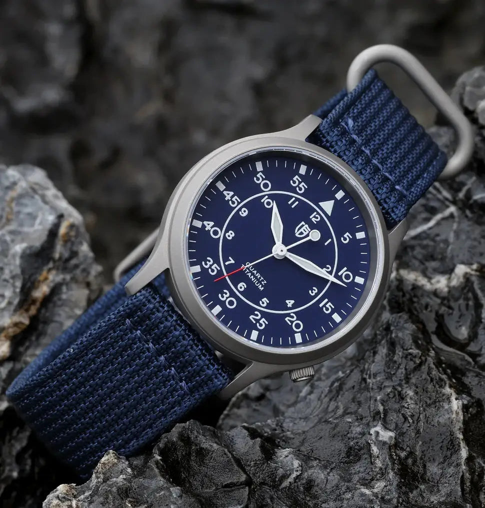 BERNY titanium men's watch with blue dial and navy nylon strap, luminous hands, 5ATM waterproof