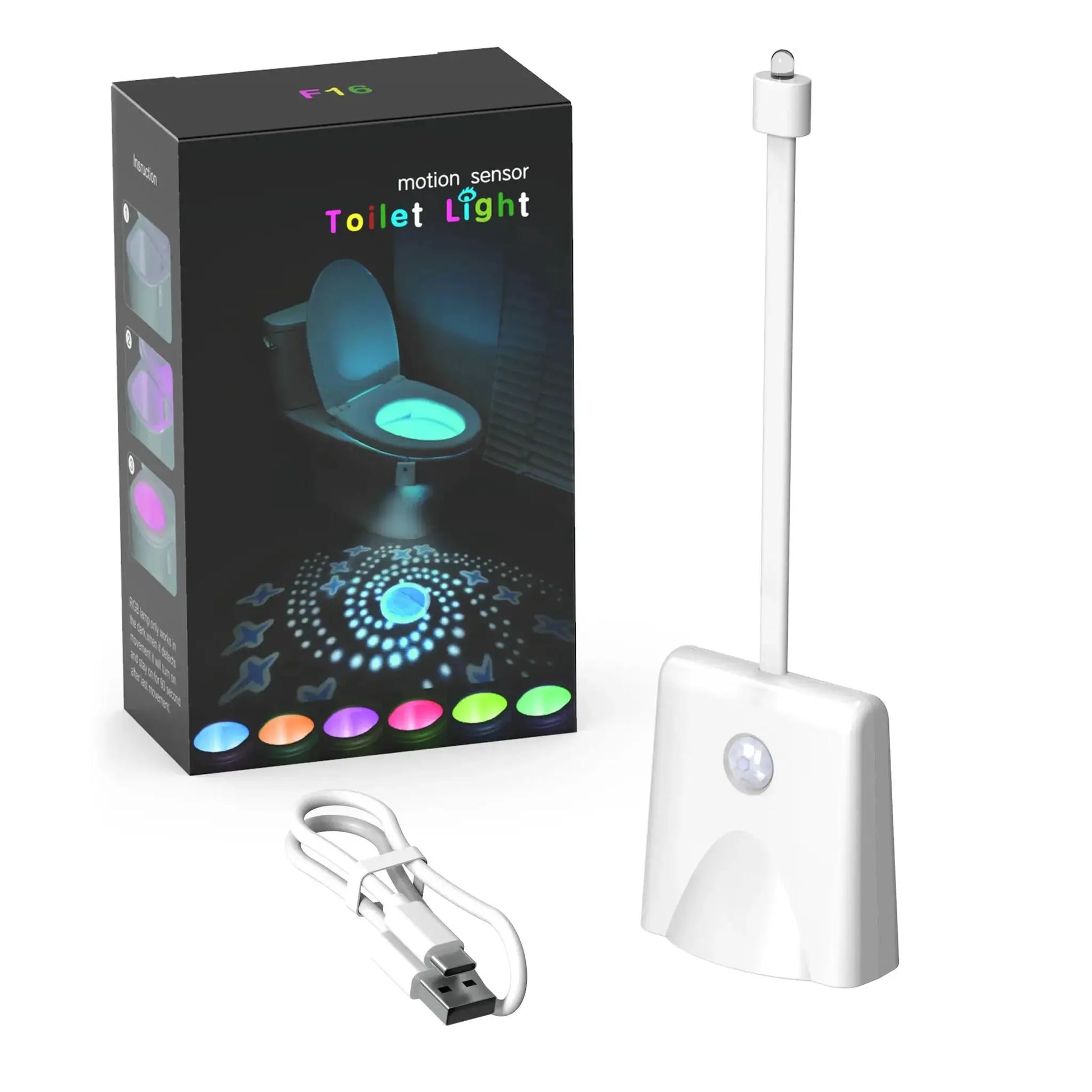 Toilet light with motion sensor by Simples Market; colorful projection, USB charging cable included.