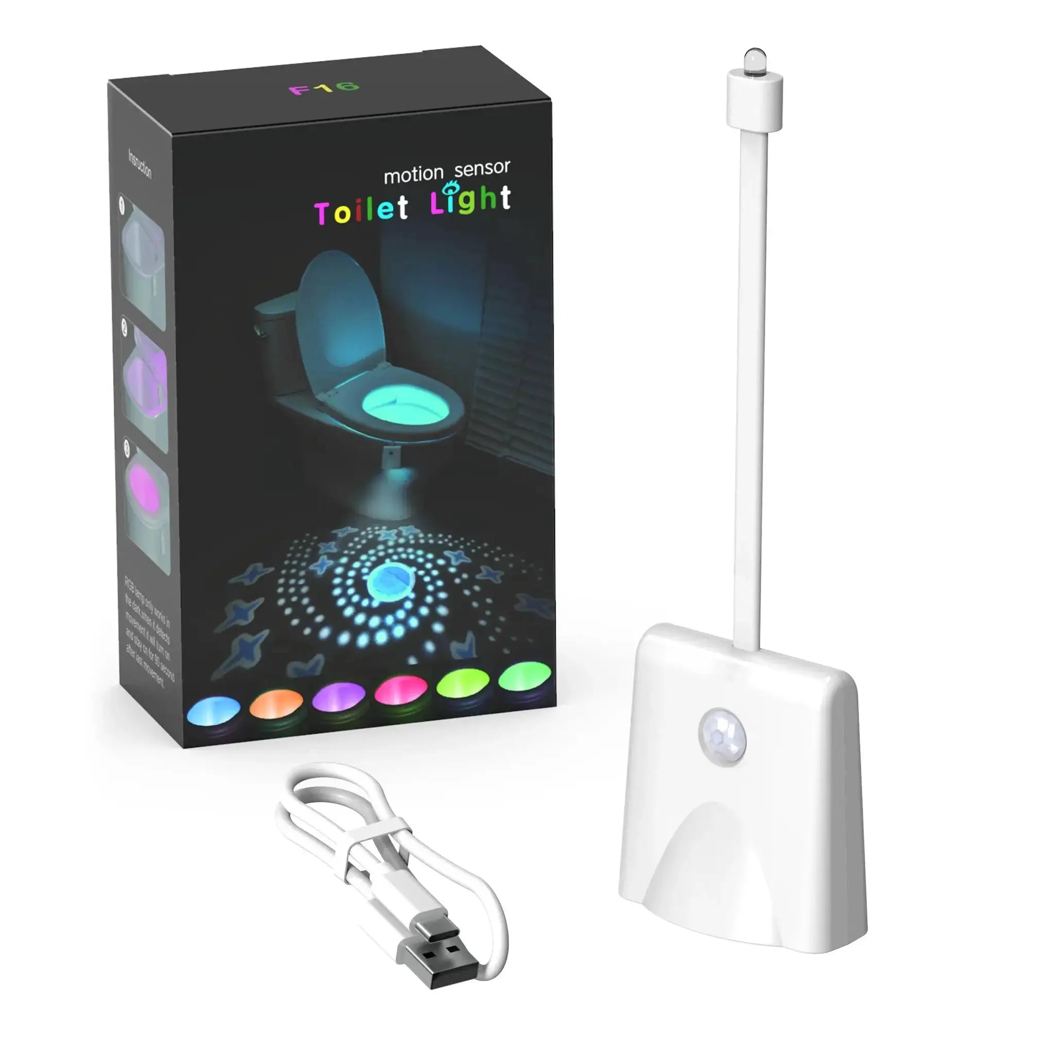 Toilet light with motion sensor by Simples Market; colorful projection, USB charging cable included.