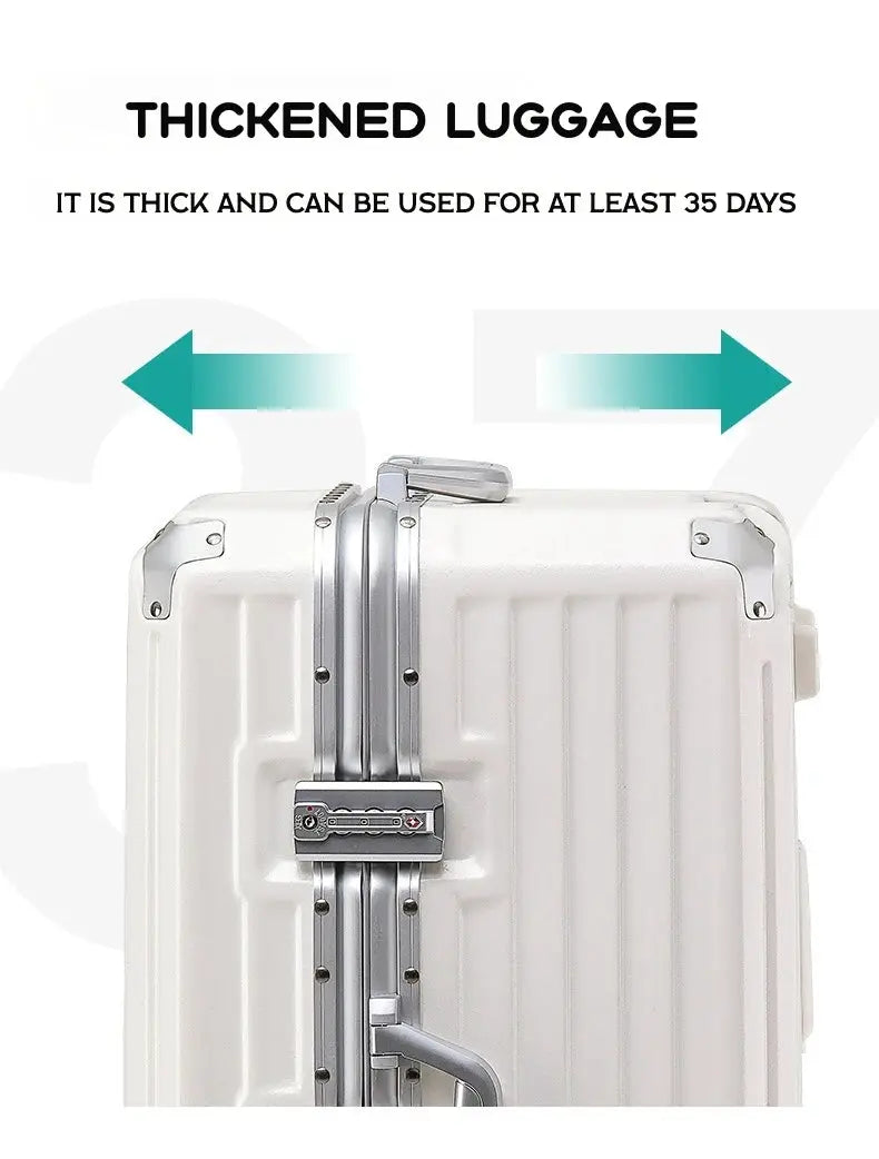White hard-shell suitcase with dual-rail locks, large-capacity travel luggage
