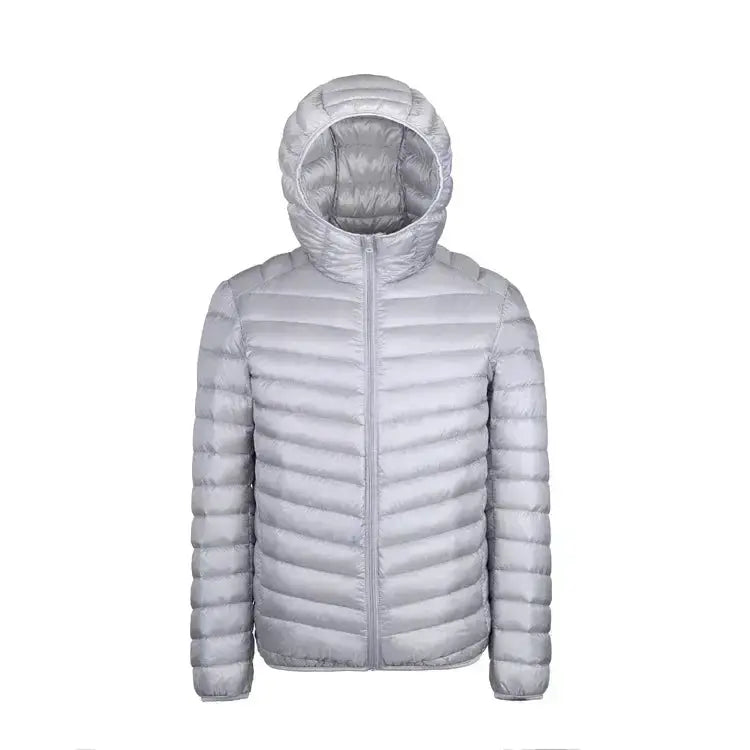 Men's hooded down jacket, light gray quilted puffer coat, lightweight windproof insulation for cold weather