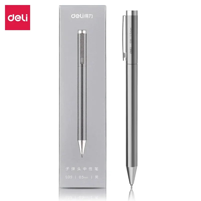 Deli metal sign pen with silver metallic finish, 0.5mm gel ink, shown with its grey box and Deli logo.
