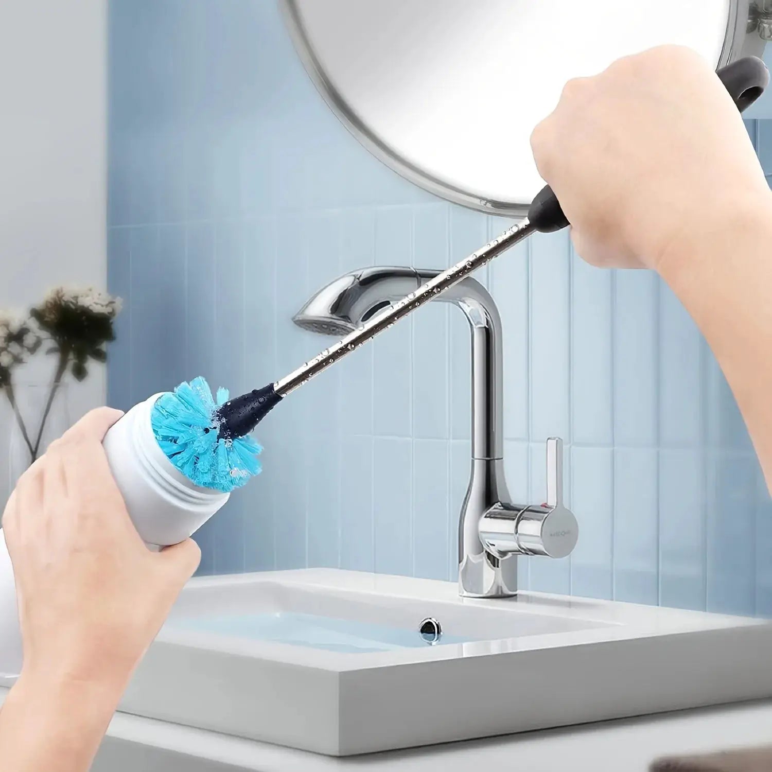 3-in-1 stainless steel water bottle brush set with long handle and blue bristle head