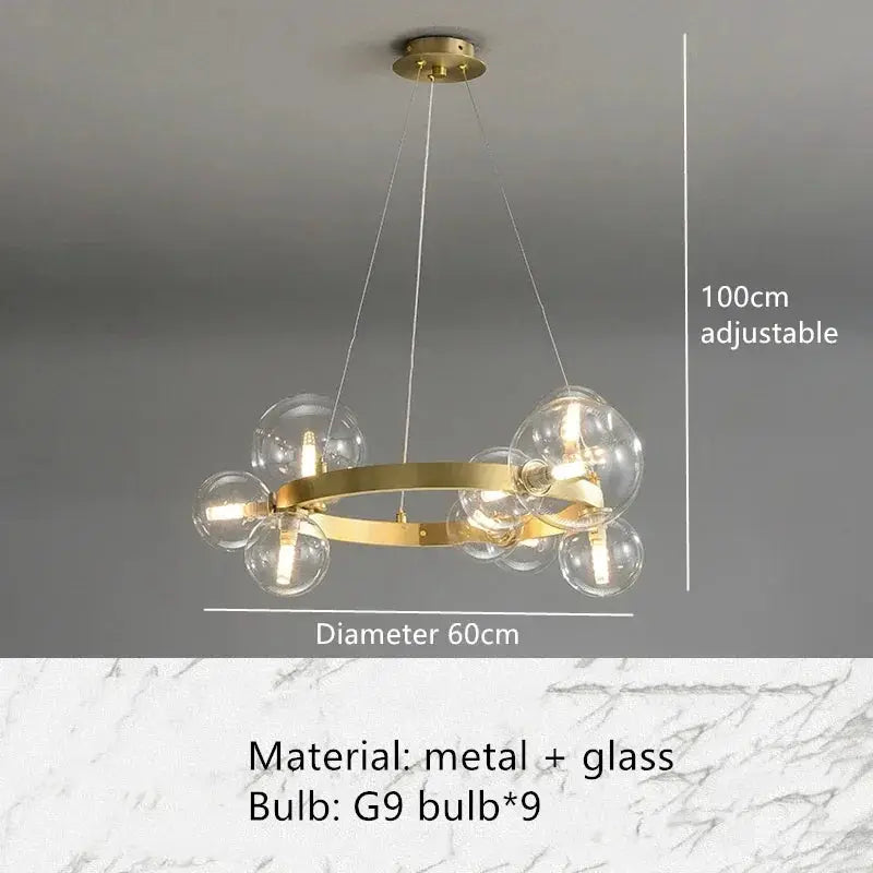 Simple chandelier indoor hanging lamp by Simples Market; gold metal ring with globe bulbs, 60 cm dia, 100 cm cord