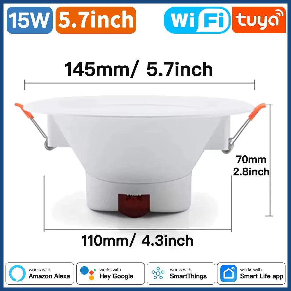 WiFi smart RGB downlight by Simples Market, 15W white, 5.7 inch diameter; Alexa/Google compatible.
