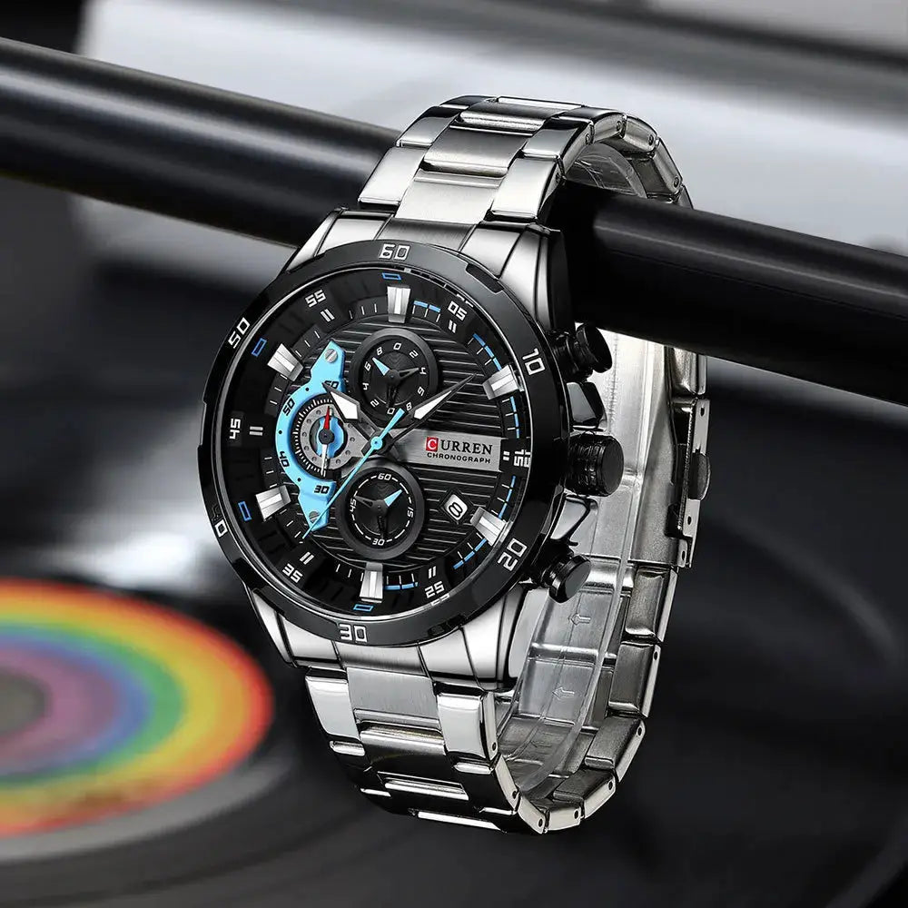Curren 8402 stainless steel men's chronograph wristwatch with luminous dial and blue accents