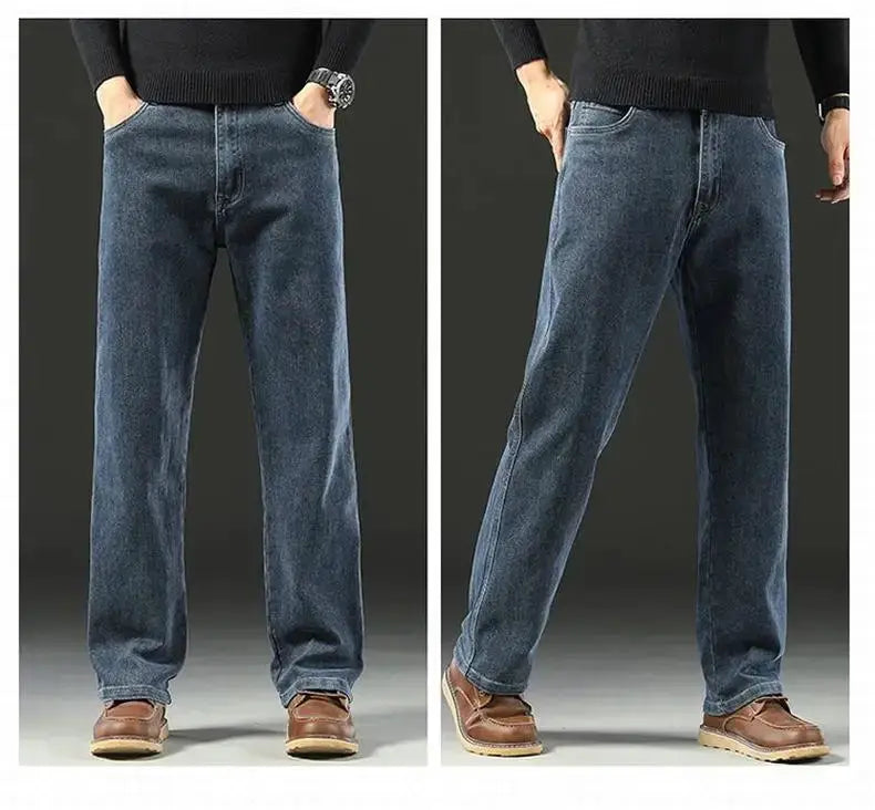 Simples Market men's baggy denim jeans, dark blue straight-leg loose-fit, two-panel display