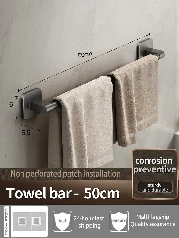 Simples Market towel bar, 50cm, no-drill patch installation, matte gray wall-mounted with two beige towels