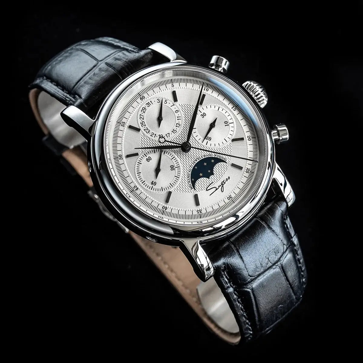 Sugess men’s ST1908 moonphase chronograph watch with black leather strap and silver dial