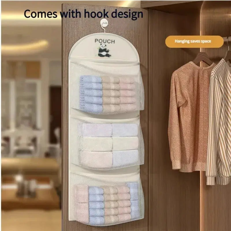 Simples Market three-tier hanging mesh storage bag for underwear, socks and bras, wall-mounted organizer with pockets.