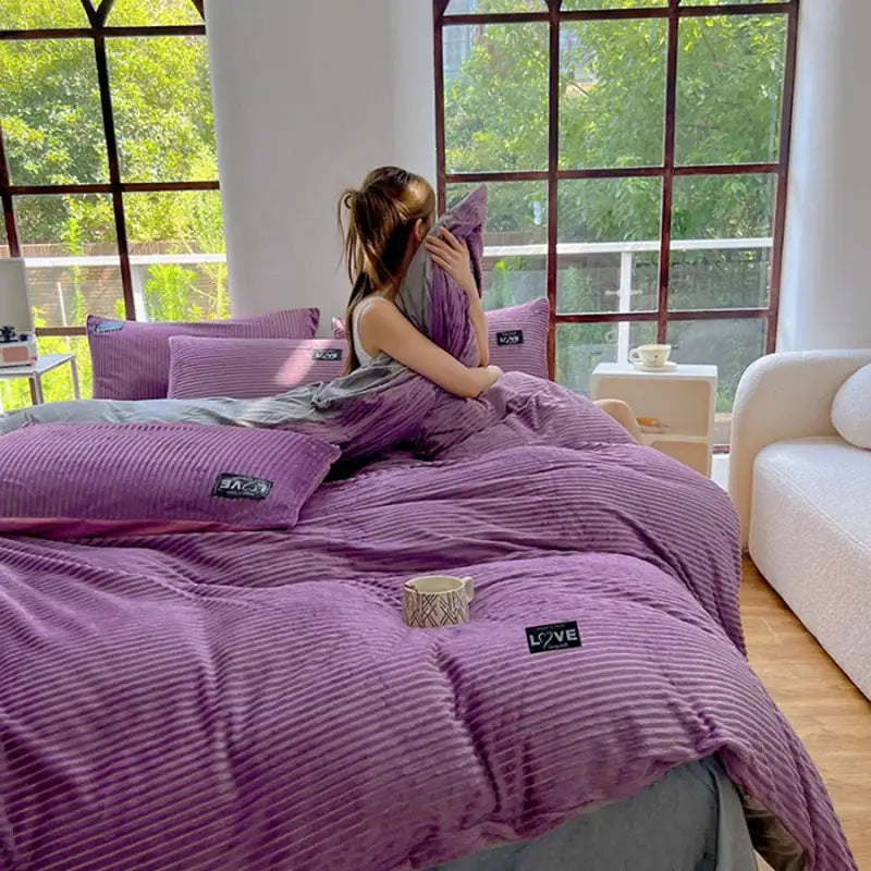 3-piece duvet cover set by Simples Market in purple Flano coral fleece with pillowcases