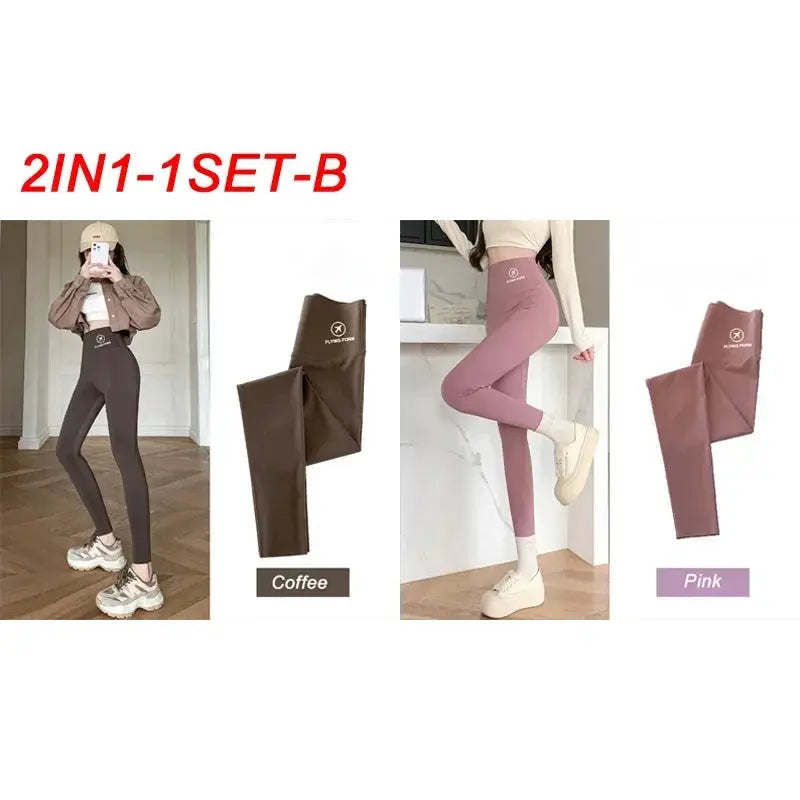 2-pack women's shark-pants yoga tights with high-waisted belly lift, coffee and pink colors by Simples Market