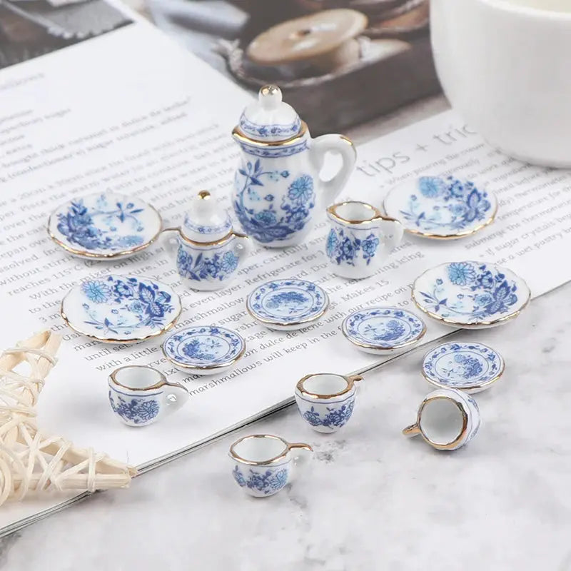 Fifteen Piece Dollhouse Miniature Tableware Set Porcelain Ceramic Teapot Tea Cups Milk Bottle Sugar Bowl Plates