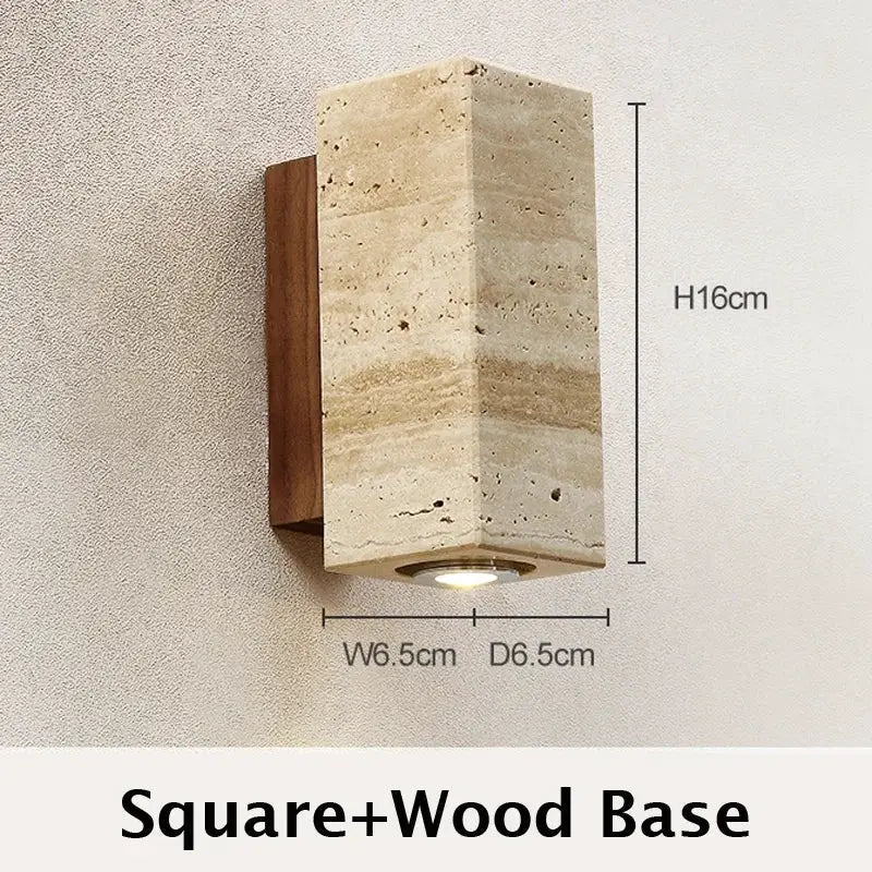 Wabi Sabi Yellow Marble Wall Lamp with square wood base, LED bedside sconce