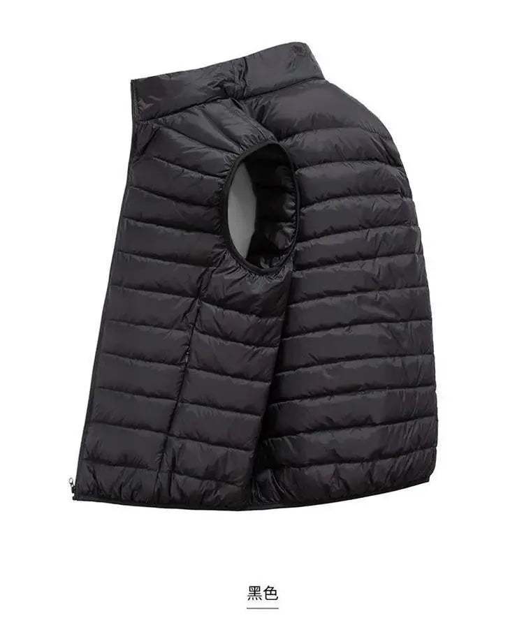 Men's black cotton-padded sleeveless vest by Simples Market with stand collar.