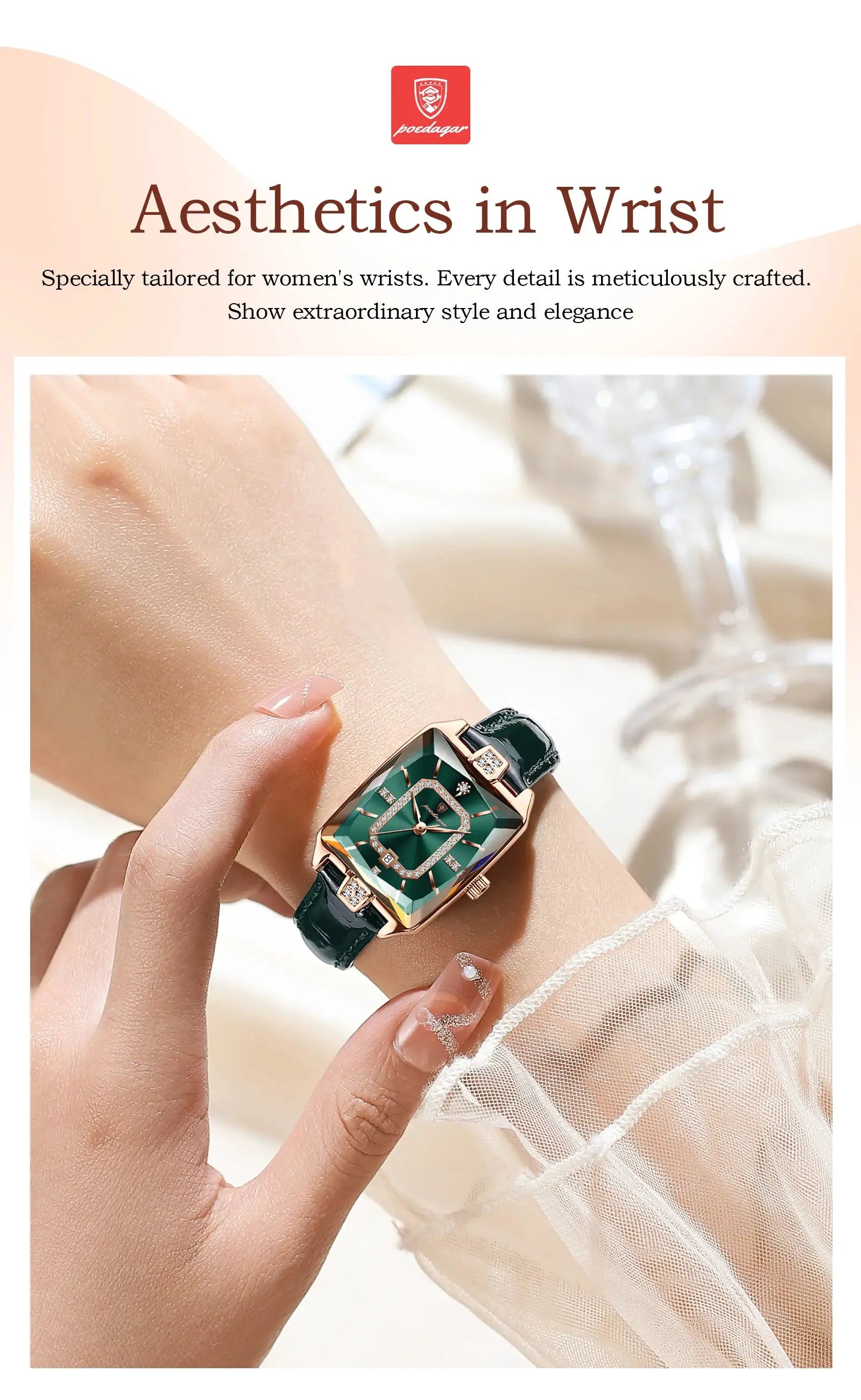 POEDAGAR women's luxury wristwatch with green square dial, rose-gold case, crystal markers, and dark leather strap.