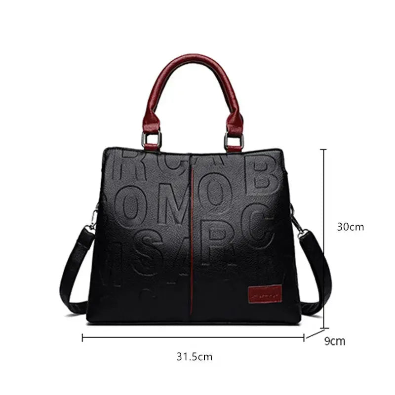 Simples Market PU leather crossbody bag for women, black with red handles, large-capacity tote with shoulder strap