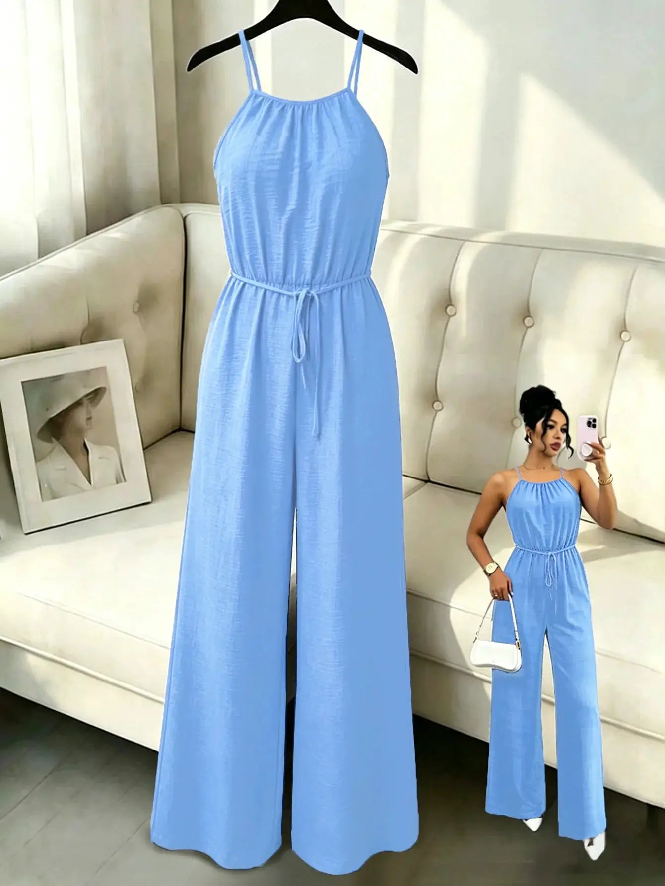 Women's sleeveless jumpsuit with suspenders in light blue, wide-leg pants (2 shown)